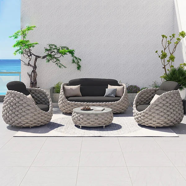 4 Pieces Textilene Rope Woven Outdoor Sectional Sofa Set with Round Coffee Table#Gray-S
