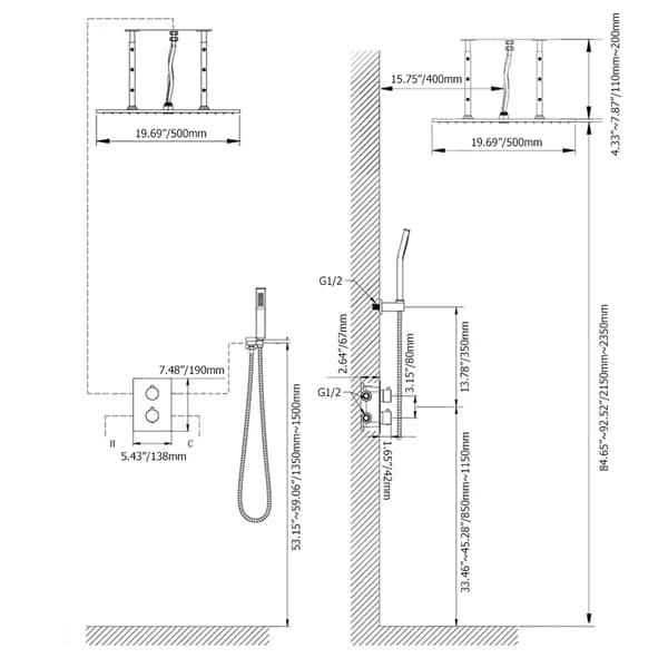 16"/20" Thermostatic Shower System with Handheld Shower in Matte Black Solid Brass