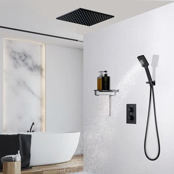 16"/20" Thermostatic Shower System with Handheld Shower in Matte Black Solid Brass