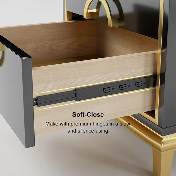 Tile White Modern Bedroom Nightstand with 2 Drawers in Gold Legs#Black