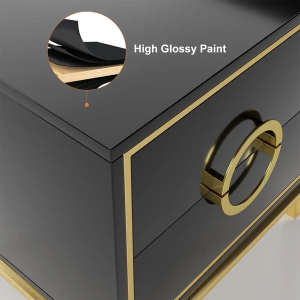 Tile White Modern Bedroom Nightstand with 2 Drawers in Gold Legs#Black