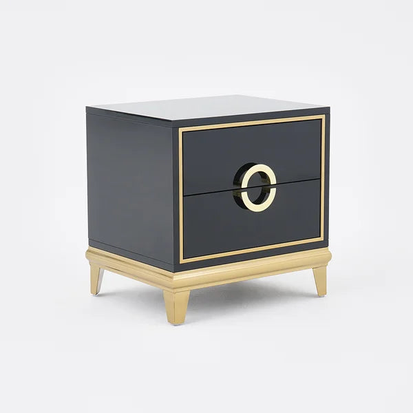 Tile White Modern Bedroom Nightstand with 2 Drawers in Gold Legs#Black