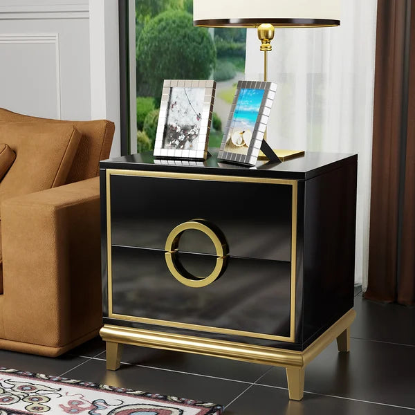 Tile White Modern Bedroom Nightstand with 2 Drawers in Gold Legs#Black