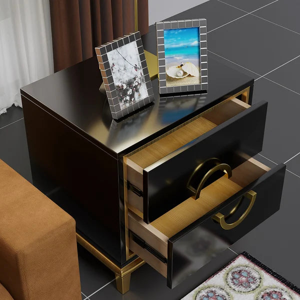 Tile White Modern Bedroom Nightstand with 2 Drawers in Gold Legs#Black