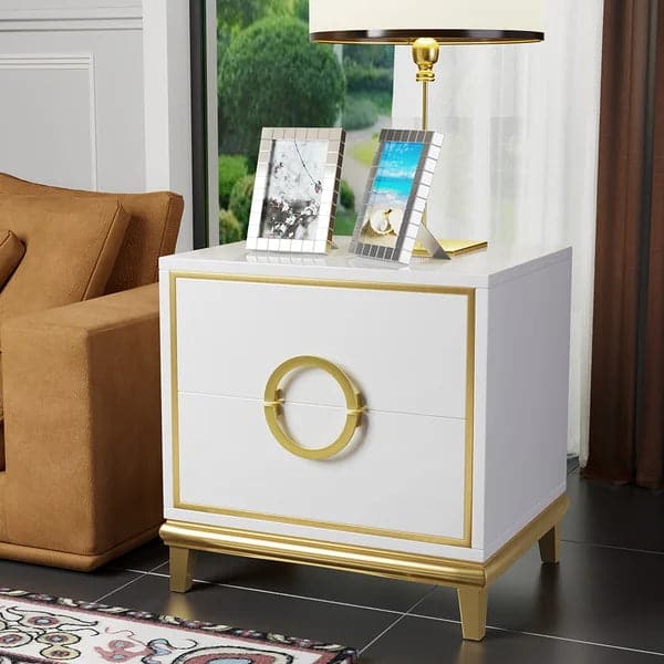 Tile White Modern Bedroom Nightstand with 2 Drawers in Gold Legs#White