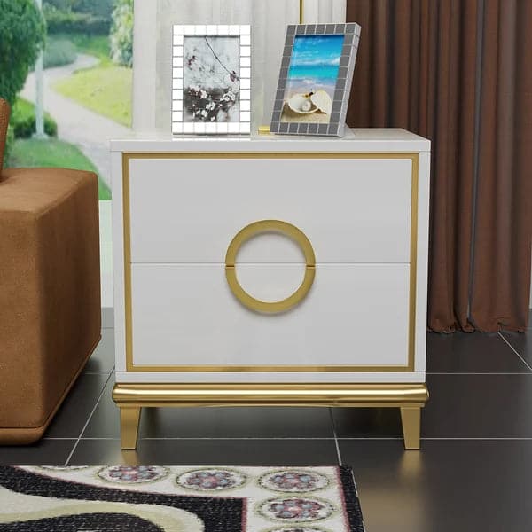 Tile White Modern Bedroom Nightstand with 2 Drawers in Gold Legs#White