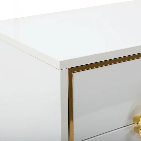 Tile White Modern Bedroom Nightstand with 2 Drawers in Gold Legs#White