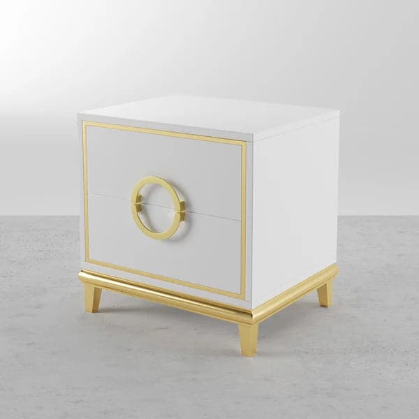 Tile White Modern Bedroom Nightstand with 2 Drawers in Gold Legs#White