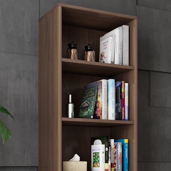 Étagère à livres moderne et minimaliste avec 3 étagères et 2 tiroirs en noyer
