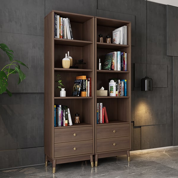 Modern & Minimalist Book Shelf with 3 Shelves & 2 Drawers in Walnut