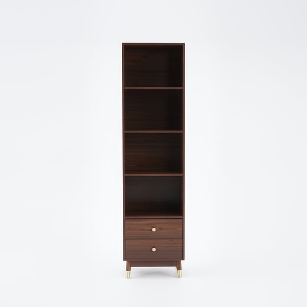 Modern & Minimalist Book Shelf with 3 Shelves & 2 Drawers in Walnut