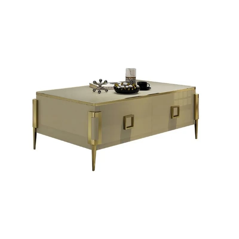 Modern Gold Rectangular Coffee Table with Drawers & Tempered Glass Tabletop