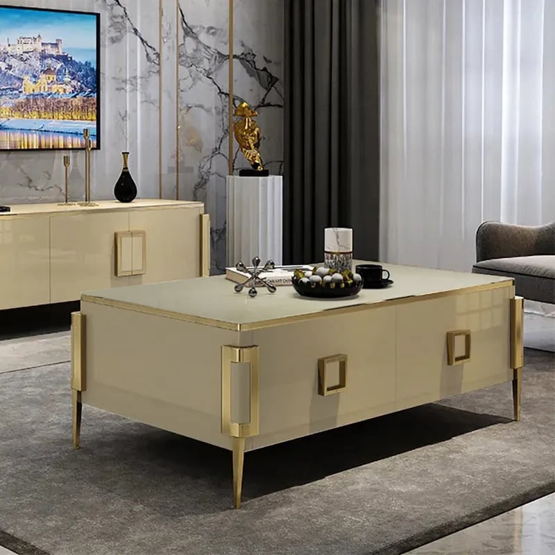 Modern Gold Rectangular Coffee Table with Drawers & Tempered Glass Tabletop