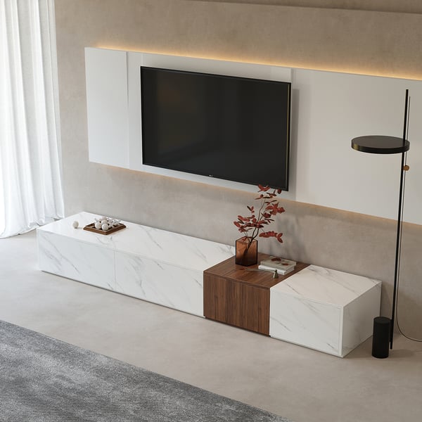 Meuble TV moderne en bloc de bois de 78,9 po, placage en marbre et noyer en blanc avec 4 tiroirs