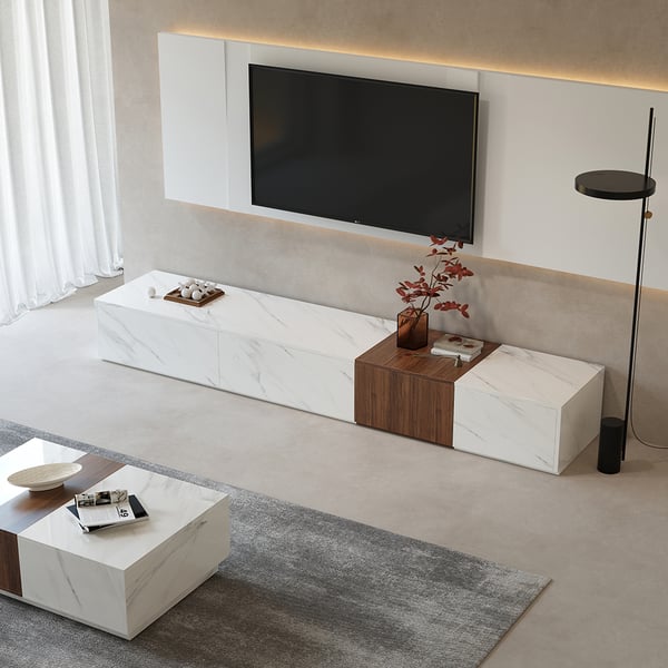 Meuble TV moderne en bloc de bois de 78,9 po, placage en marbre et noyer en blanc avec 4 tiroirs