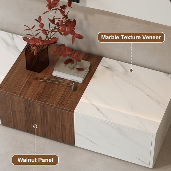 78.9" Modern Wood Block TV Stand Marble & Walnut Veneer in White with 4 Drawers