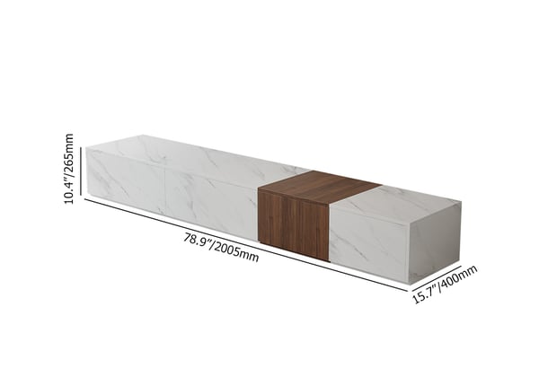 Meuble TV moderne en bloc de bois de 78,9 po, placage en marbre et noyer en blanc avec 4 tiroirs