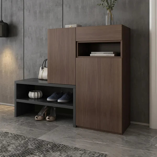 Walnut Corner Shoe Storage Cabinet with 7 Shelves and 1 Drawer Entryway Shoe Storage