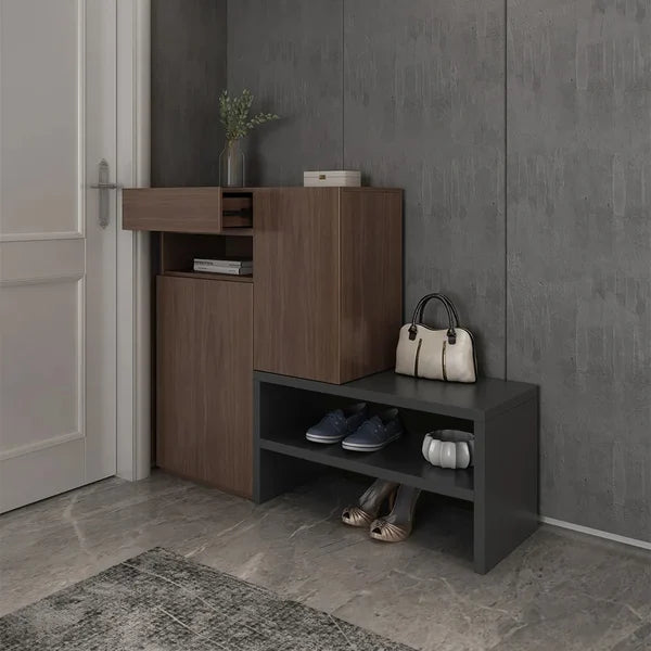 Walnut Corner Shoe Storage Cabinet with 7 Shelves and 1 Drawer Entryway Shoe Storage