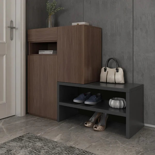 Walnut Corner Shoe Storage Cabinet with 7 Shelves and 1 Drawer Entryway Shoe Storage