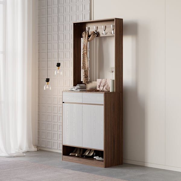 Armoire à chaussures moderne en noyer et gris avec 5 étagères, 2 tiroirs, 2 portes, rangement pour chaussures d'entrée