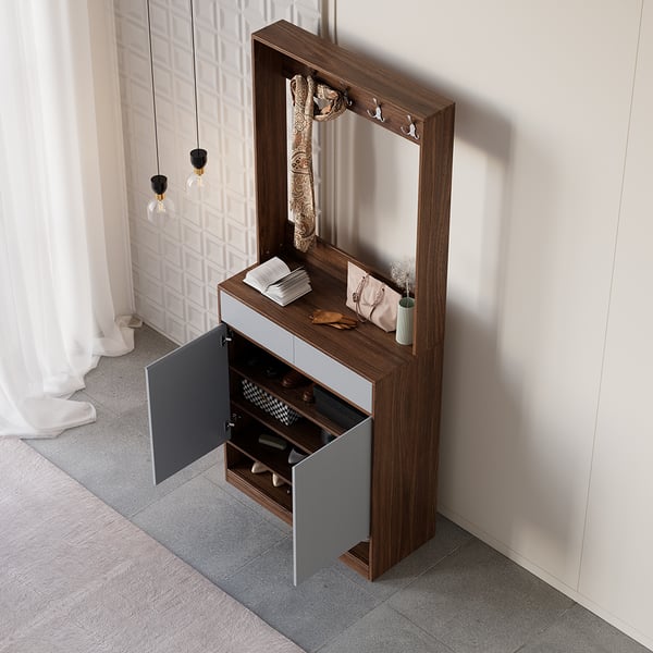 Armoire à chaussures moderne en noyer et gris avec 5 étagères, 2 tiroirs, 2 portes, rangement pour chaussures d'entrée