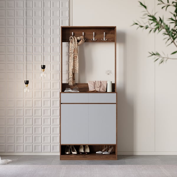 Walnut & Gray Modern Shoe Cabinet with 5 Shelves 2 Drawers 2 Doors Entryway Shoe Storage
