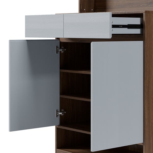 Walnut & Gray Modern Shoe Cabinet with 5 Shelves 2 Drawers 2 Doors Entryway Shoe Storage