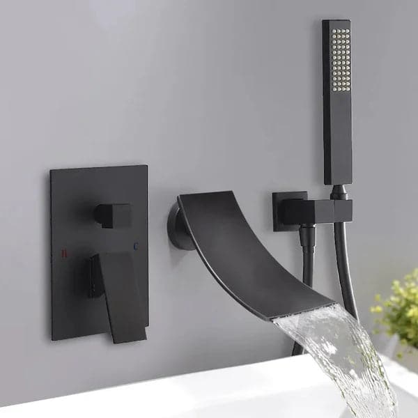 Waterfall Wall-Mount Tub Filler Faucet Single Handle and Handshower Matte Black