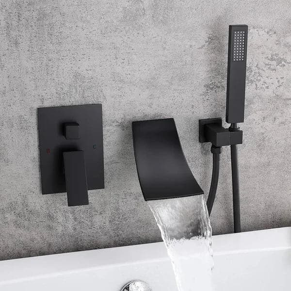 Waterfall Wall-Mount Tub Filler Faucet Single Handle and Handshower Matte Black