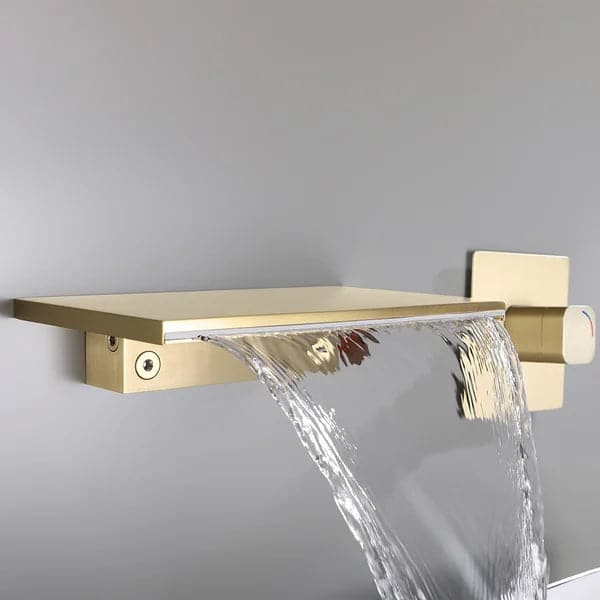 Waterfall Wall Mount Bathroom Sink Faucet Single Knob Solid Brass Brushed Gold