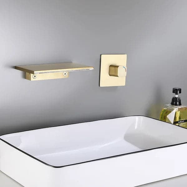 Waterfall Wall Mount Bathroom Sink Faucet Single Knob Solid Brass Brushed Gold