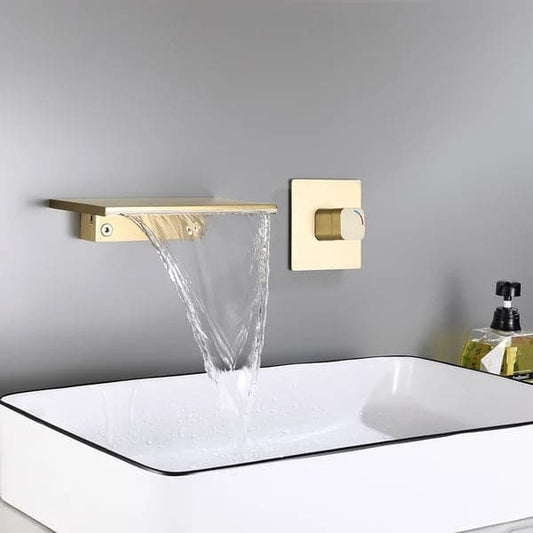 Waterfall Wall Mount Bathroom Sink Faucet Single Knob Solid Brass Brushed Gold