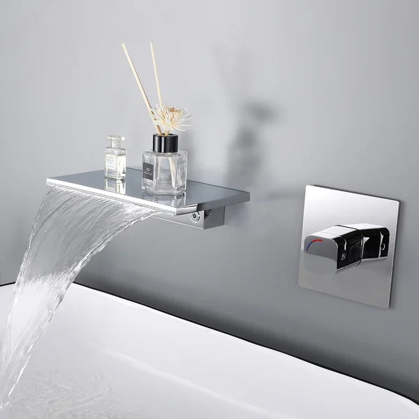 Waterfall Wall Mount Chrome Single Handle Bathroom Sink Faucet Solid Brass