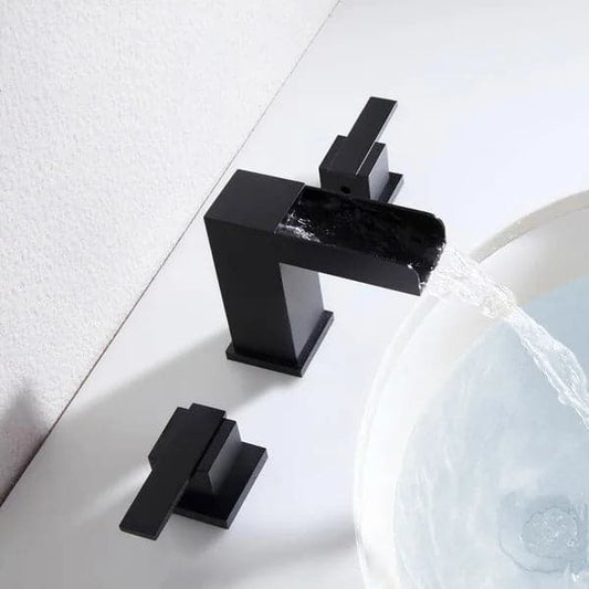 Robinet de lavabo de salle de bain à angle droit à double poignée, cascade, noir mat