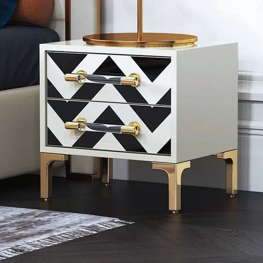 2 Drawers Black & White Nightstand with Drawer Modern Bedside Table Gold Legs