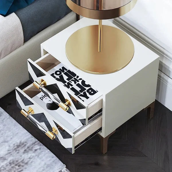Table de chevet noire et blanche à 2 tiroirs, avec tiroirs, table de chevet moderne, pieds dorés