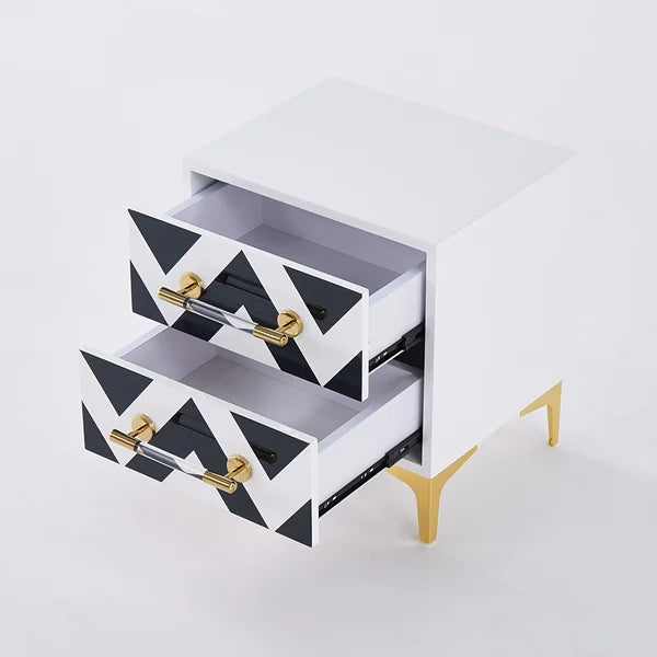 Table de chevet noire et blanche à 2 tiroirs, avec tiroirs, table de chevet moderne, pieds dorés