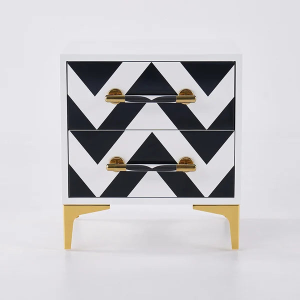 2 Drawers Black & White Nightstand with Drawer Modern Bedside Table Gold Legs