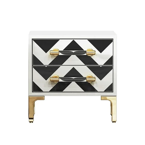 2 Drawers Black & White Nightstand with Drawer Modern Bedside Table Gold Legs