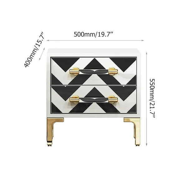 2 Drawers Black & White Nightstand with Drawer Modern Bedside Table Gold Legs