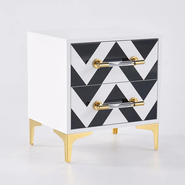 2 Drawers Black & White Nightstand with Drawer Modern Bedside Table Gold Legs