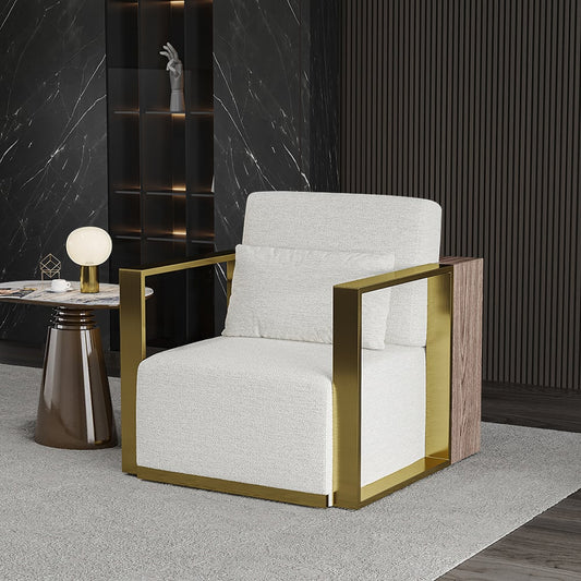 White Accent Chair Cotton & Linen Upholstery with Gold Plating Legs for Living Room