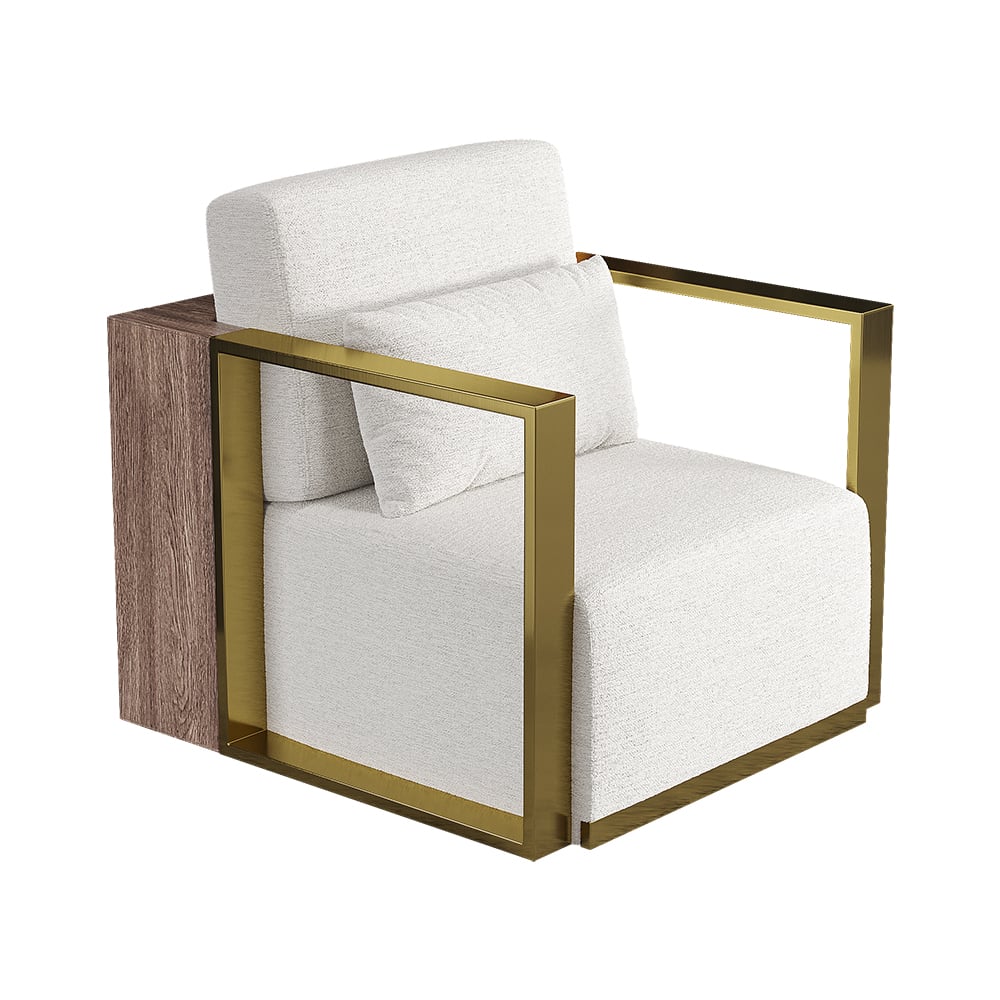 White Accent Chair Cotton & Linen Upholstery with Gold Plating Legs for Living Room