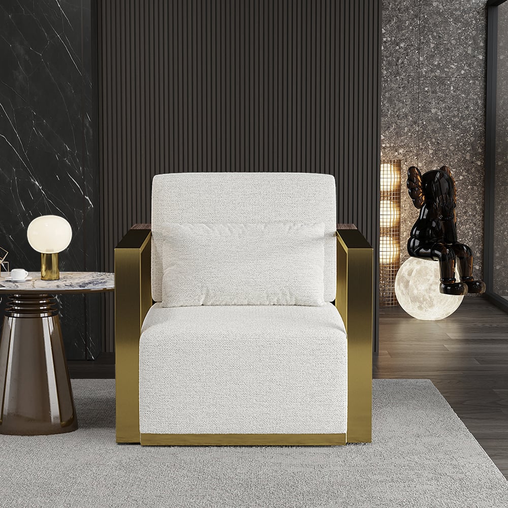 White Accent Chair Cotton & Linen Upholstery with Gold Plating Legs for Living Room