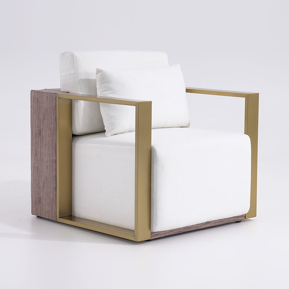 White Accent Chair Cotton & Linen Upholstery with Gold Plating Legs for Living Room