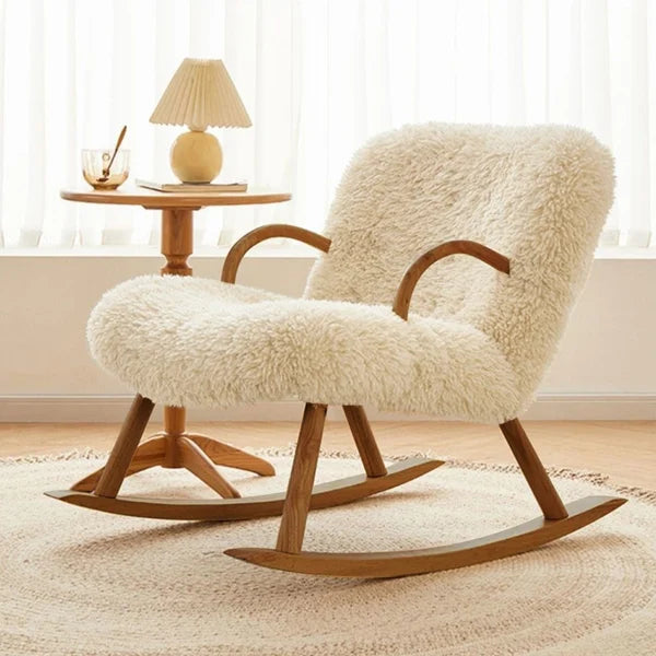 Chaise à bascule rembourrée en boucle blanche, chaise d'appoint en bois massif en noyer