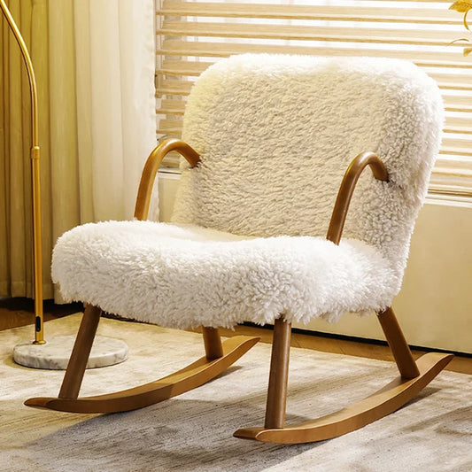 Chaise à bascule rembourrée en boucle blanche, chaise d'appoint en bois massif en noyer