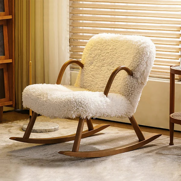 White Boucle Upholstery Rocking Chair Solid Wood Accent Chair in Walnut