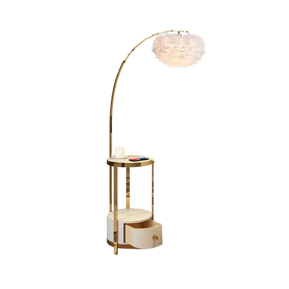 Lampe de sol en plumes pour table de bout blanche avec chargement sans fil et port USB